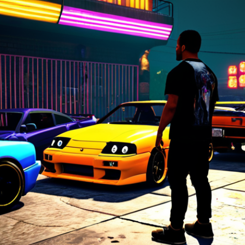 Home 4 **
A street racing enthusiast talking to the player near Los Santos Customs, surrounded by tuned sports cars. Atmosphere of underground car culture. Emphasize the excitement and potential for a new adventure. Use vibrant colors and neon lights.
**