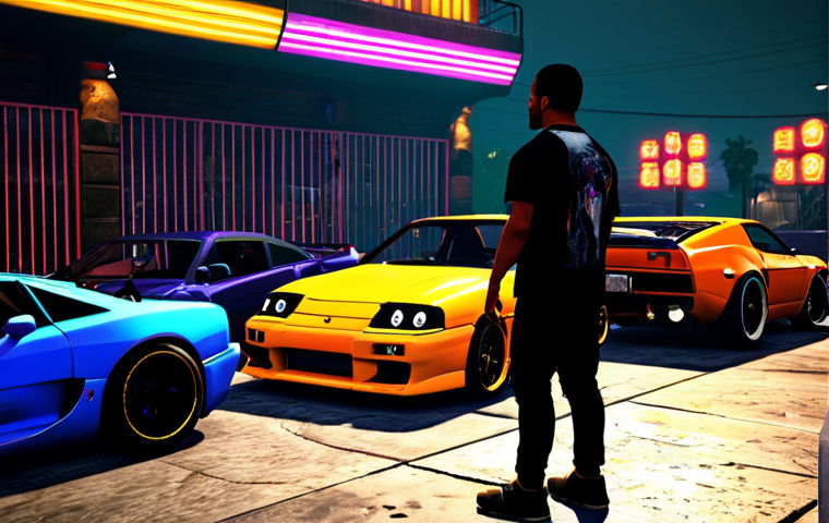 **

A street racing enthusiast talking to the player near Los Santos Customs, surrounded by tuned sports cars. Atmosphere of underground car culture. Emphasize the excitement and potential for a new adventure. Use vibrant colors and neon lights.

**
